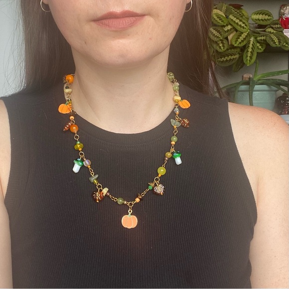 Pumpkin Patch Beaded Charm Necklace Fall Jewelry Mushroom Leaves Leaf Pendant - Picture 6 of 7